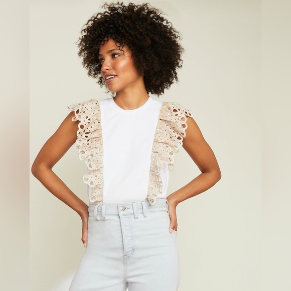 Veronica Beard Jadi Eyelet Ruffle Tee White & Light Khaki, Size S - Picture 2 of 11